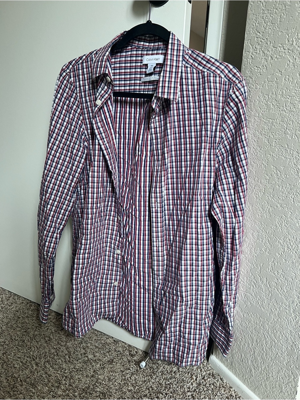 Calvin Klein Men's Red, Blue and White Plaid Button-Down Shirt
